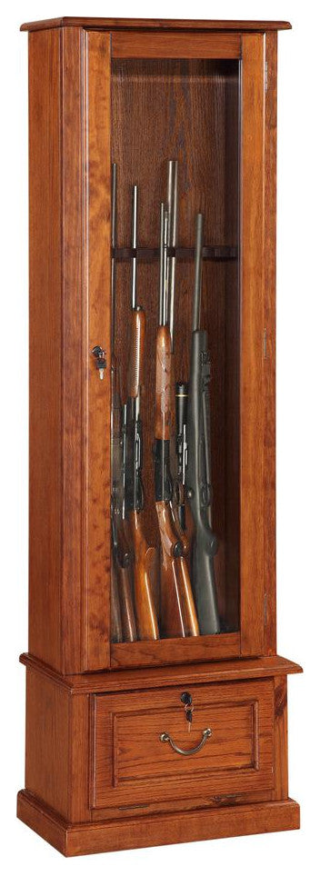 600, 8 Gun Cabinet with locking tempered glass door and locking drop down door.