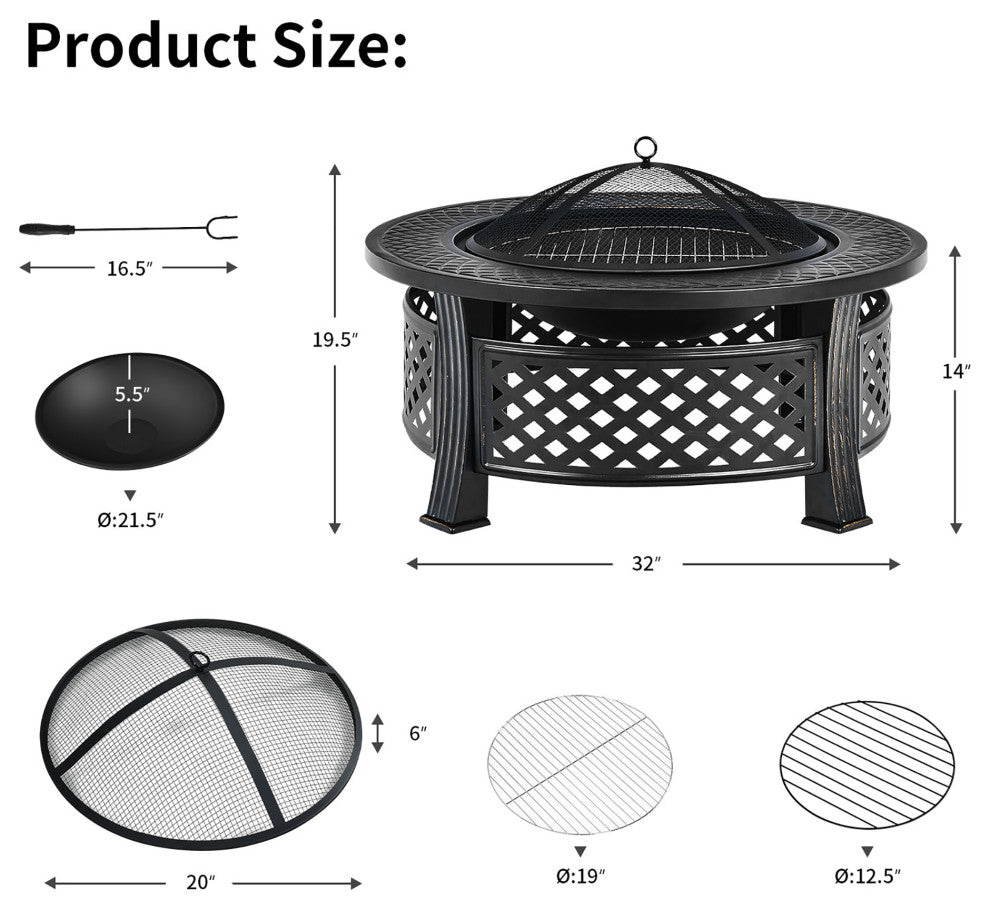 Costway 32'' Round Fire Pit Set W/ Rain Cover BBQ Grill Log Grate Poker