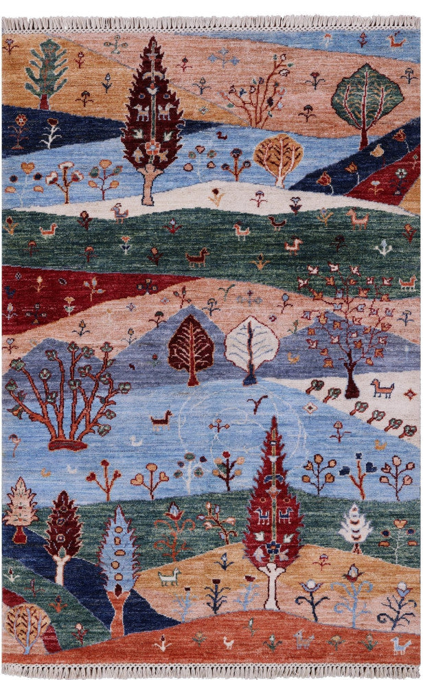 Tribal Persian Gabbeh Hand Knotted Wool Rug 3' 4" X 5' 1" Q10422