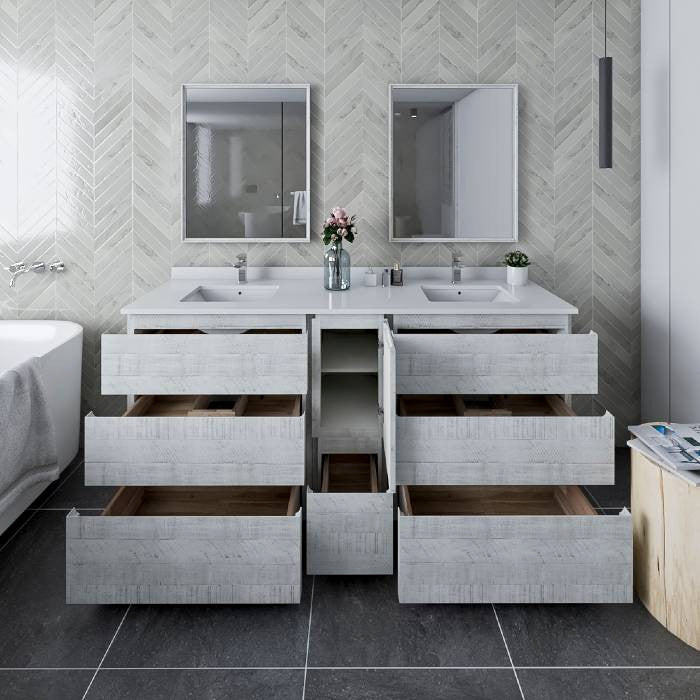 Fresca Formosa Modern 72" Rustic White Double Sink Vanity Set, Faucet Fft9131ch