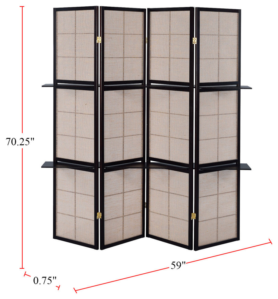 4 Panel Screen with 4-Shelf, Tan and Cappuccino