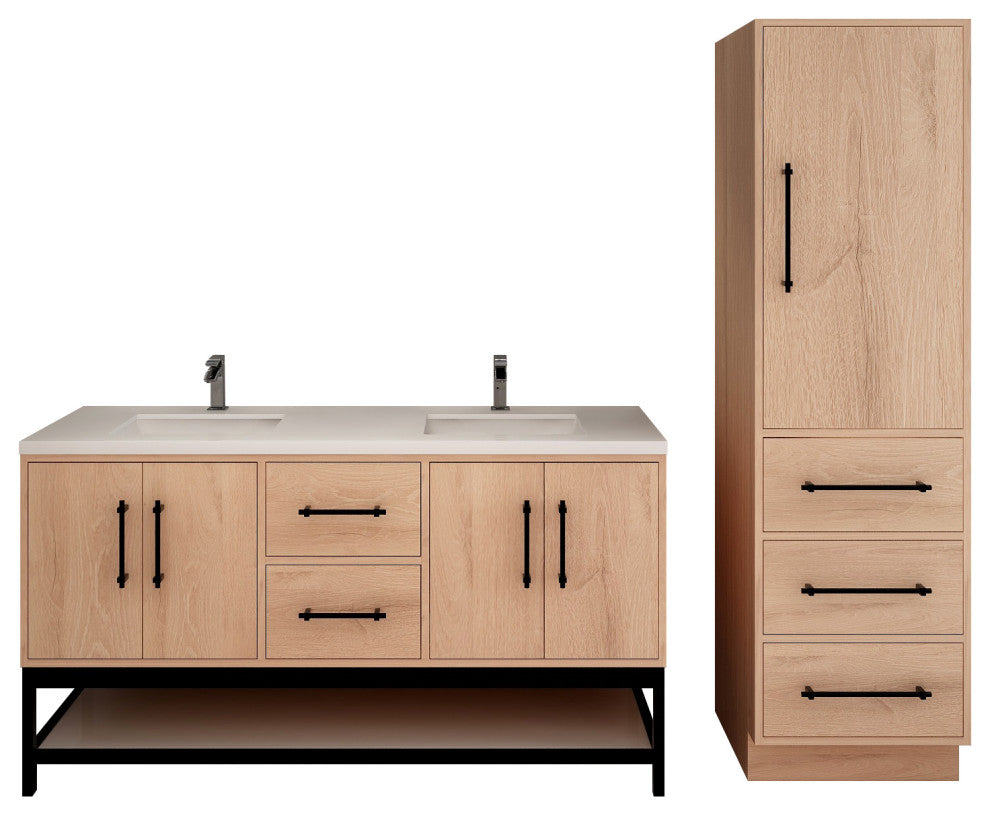 Victoria 60'' Solid Wood Open Shelf Bath Vanity Double Sink, Red Oak