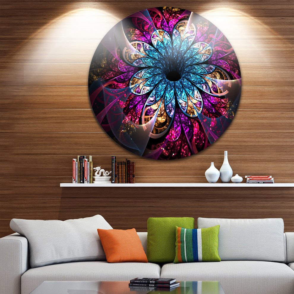 Fractal Flower Blue Red Digital Art, Flower Disc Metal Wall Art, 11"