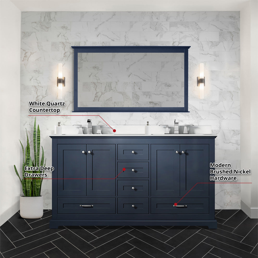 Dukes 60" Navy Blue Double Square Sink Vanity with Quartz Top, With Faucet and M