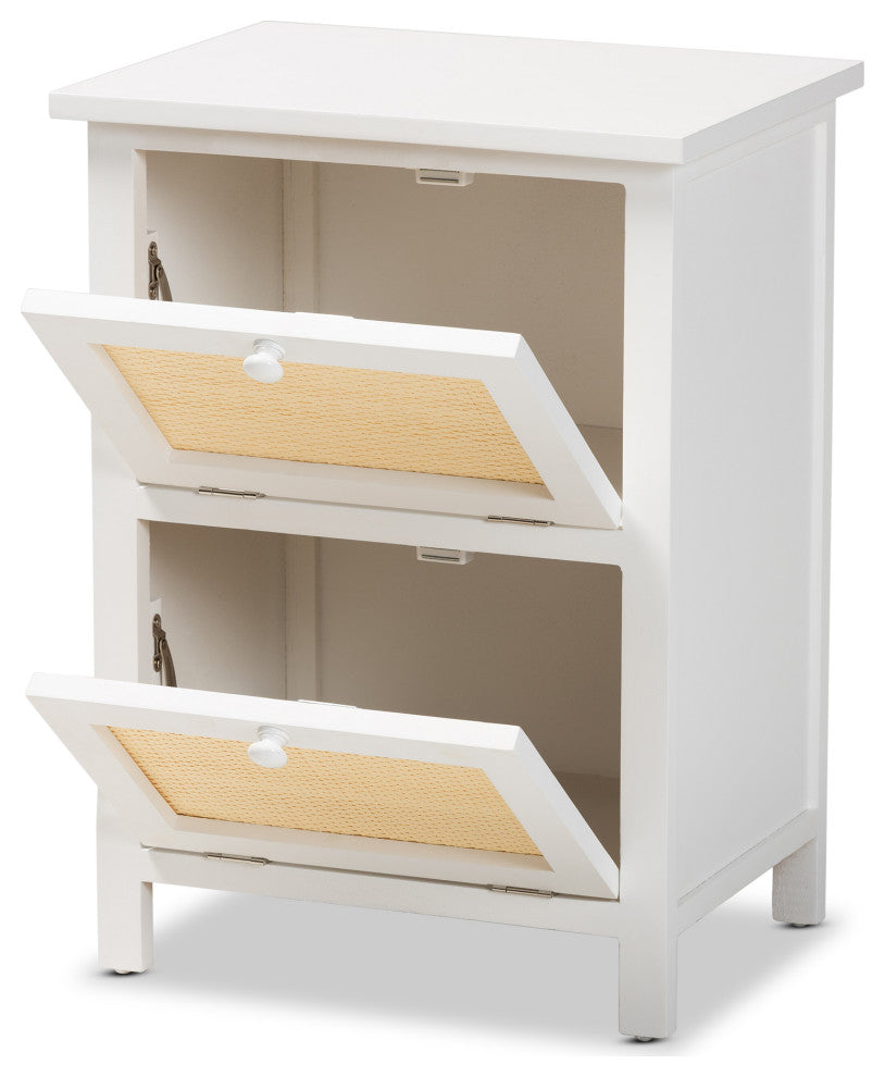 Lucero Mid-Century White Finished Wood and Rattan 2-Door Nightstand