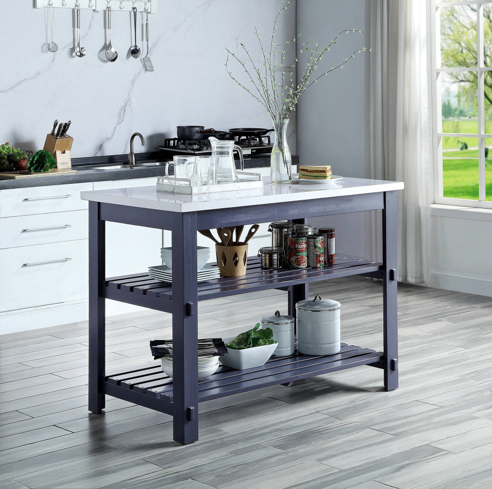 Enapay Kitchen Island, Marble Top and Gray Finish