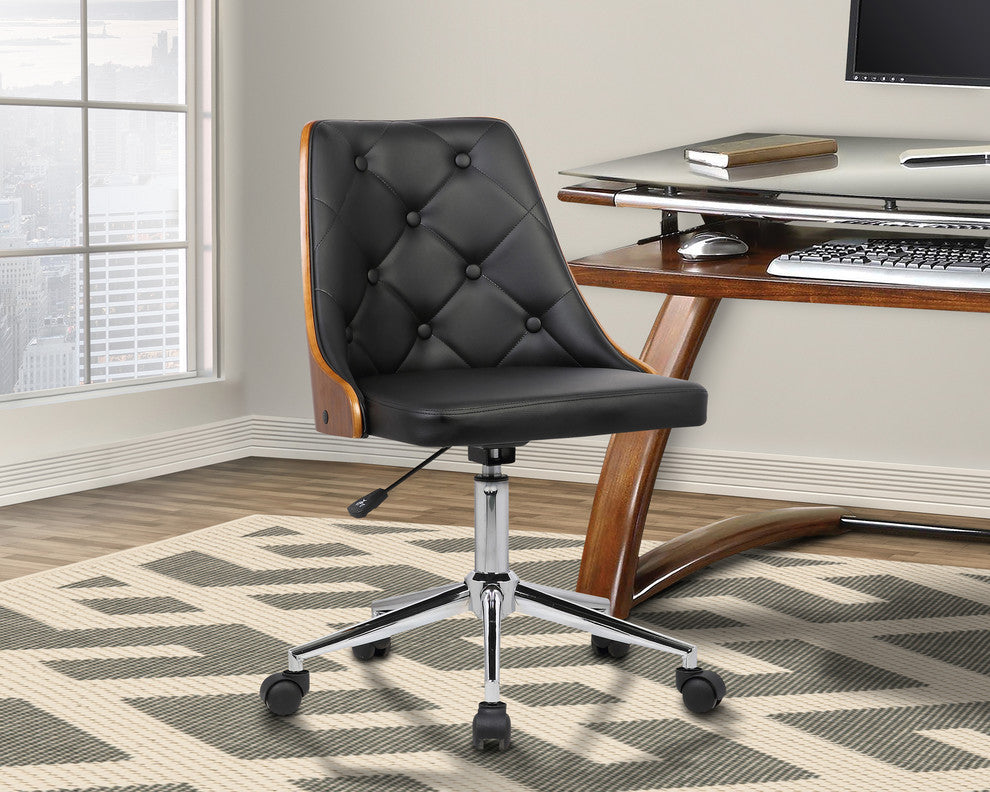 Patton Office Chair, Chrome With Tufted Black Faux Leather & Walnut Veneer Back