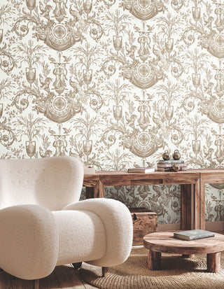 Avian Fountain Toile Mink Wallpaper