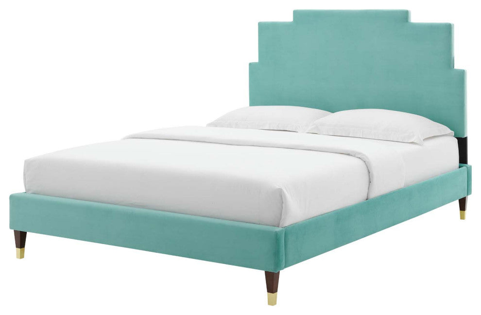 Platform Bed Frame, King Size, Velvet, Blue, Modern Contemporary, Bedroom Master