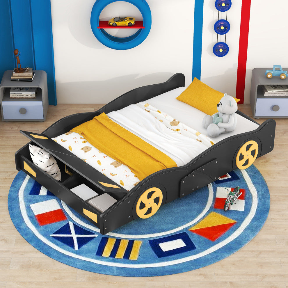 Gewnee Full Size Race Car-Shaped Platform Bed with Wheels and Storage
