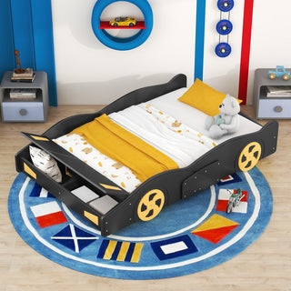 Gewnee Full Size Race Car-Shaped Platform Bed with Wheels and Storage