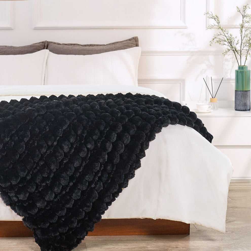 Spandex Bubble Faux Fur Throw Blanket, Black