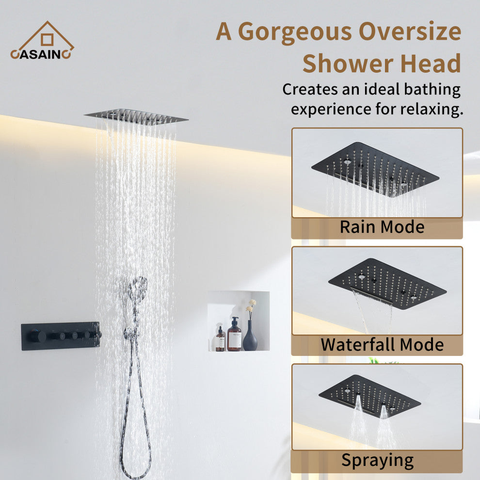 16 Inch Luxury Thermostatic Shower System, Matte Black