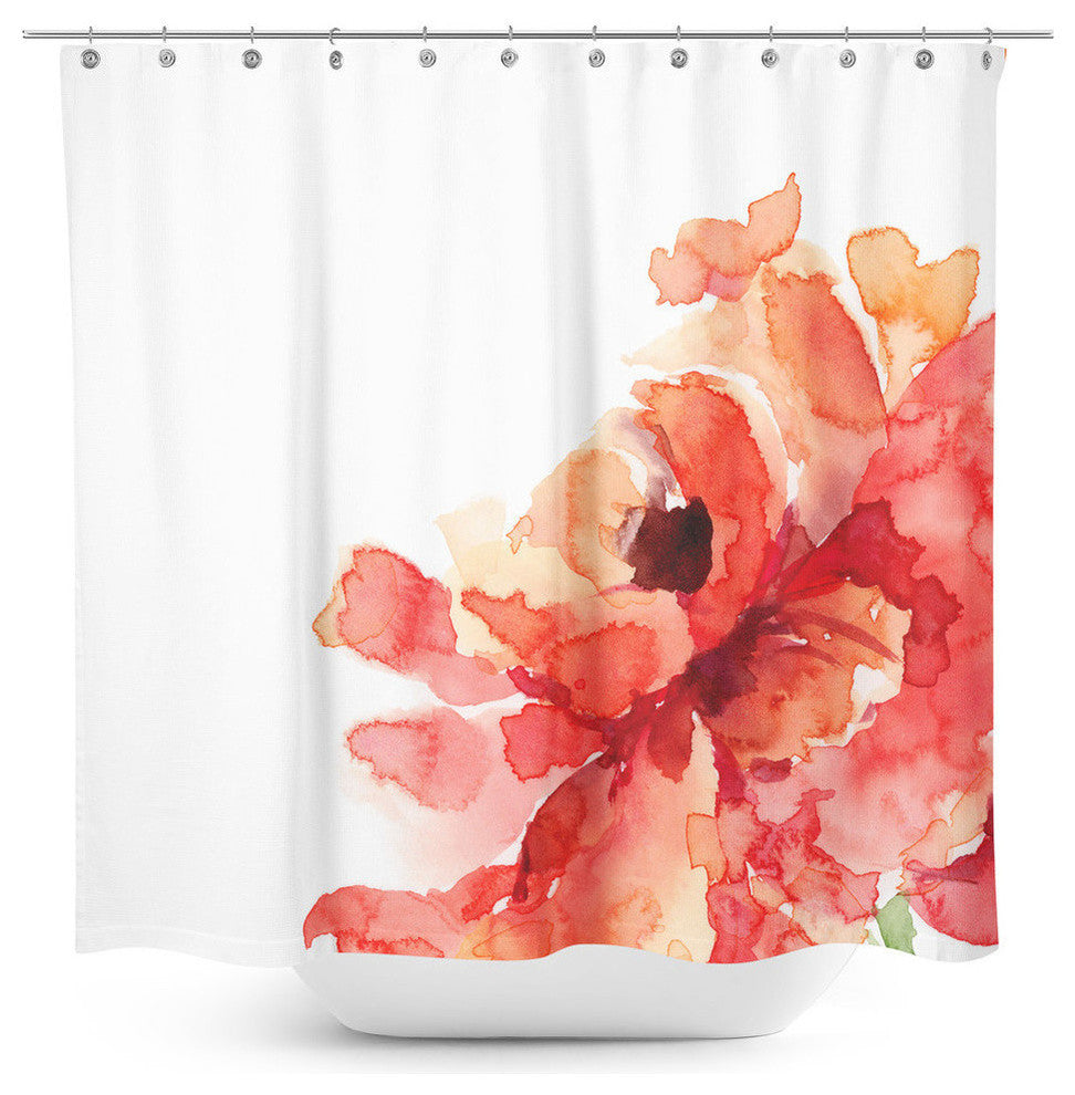 Floral Watercolor Printed Faux Silk Shower Curtain, Orange