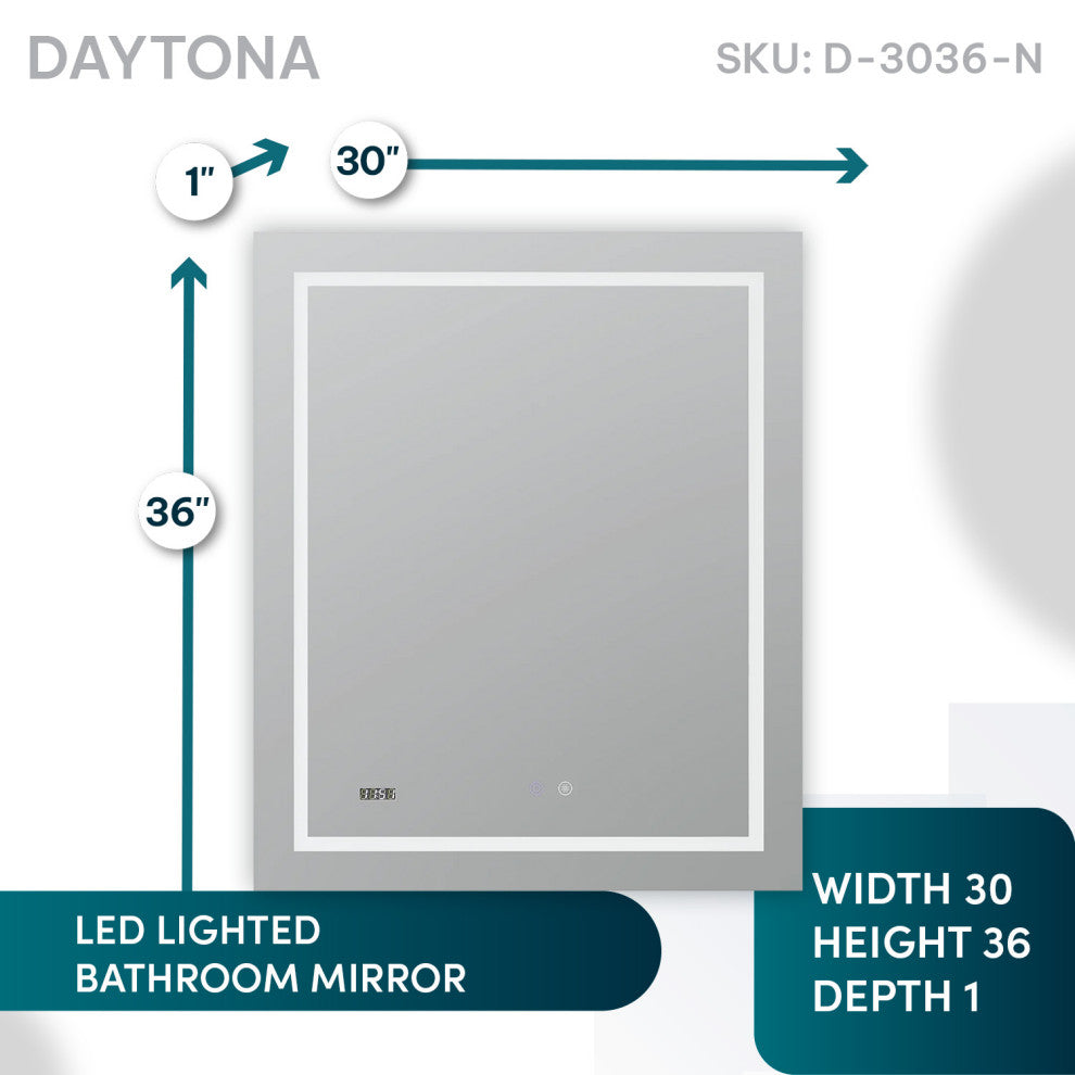 AQUADOM Daytona LED Wall-Mount Mirror Defogger Digital Clock 30"x36"x1"