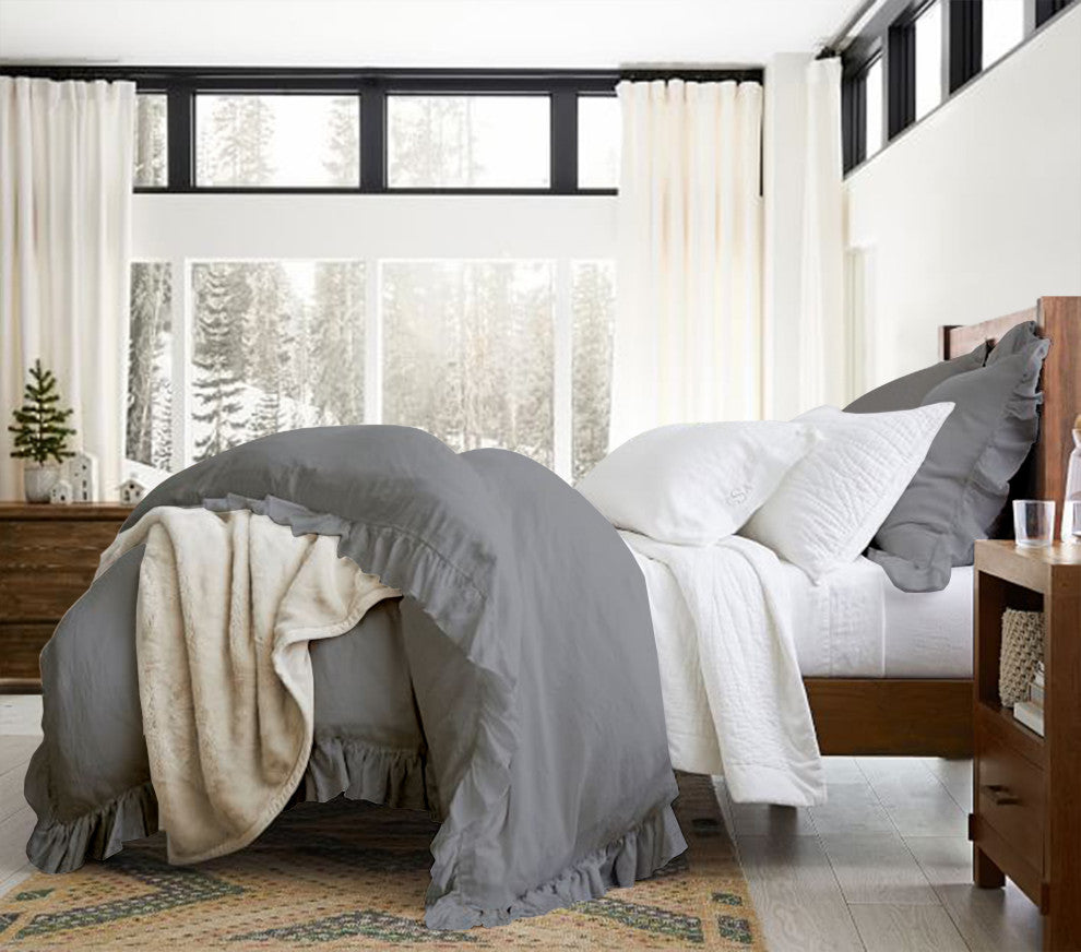 Organic Cotton 300 TC GOTS Certified 8 Internal Ties Ruffled Duvet Set, Dark Grey, Queen(88"x92")