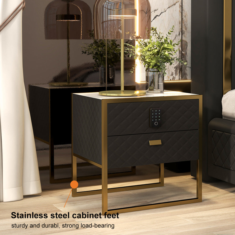 2 Drawers Bedroom Nightstand with Electronic Lock Stainless Steel Base, Black