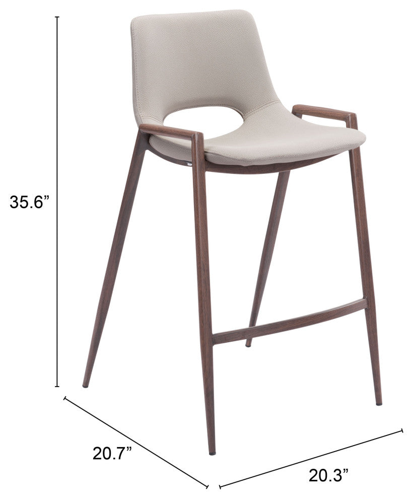 Counter Stool Chair, Set of 2, Faux Vinyl Leather, Steel, Beige, Walnut