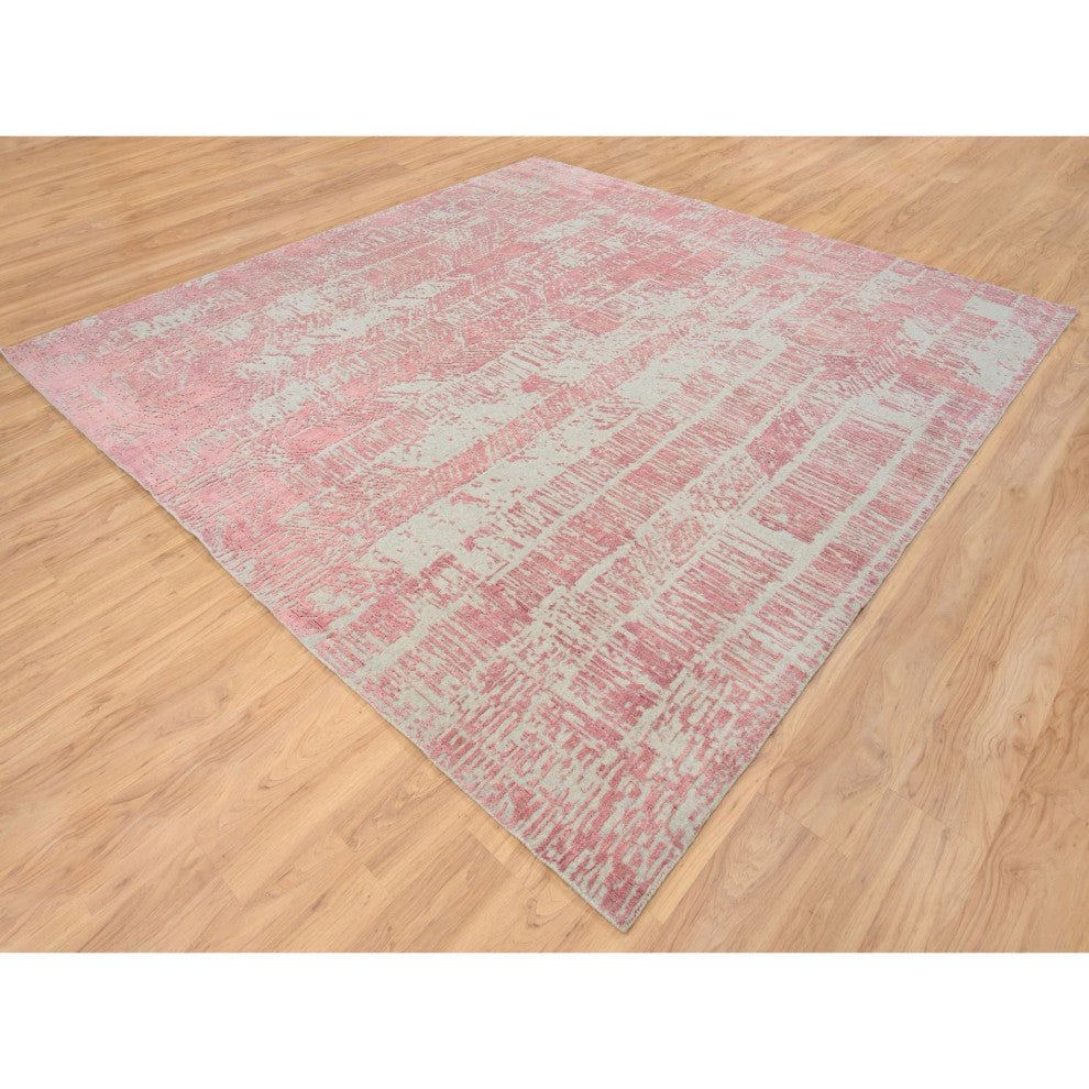 Rose Pink, Wool and Art Silk Jacquard Hand Loomed, Square Rug, 10'0"x10'2"