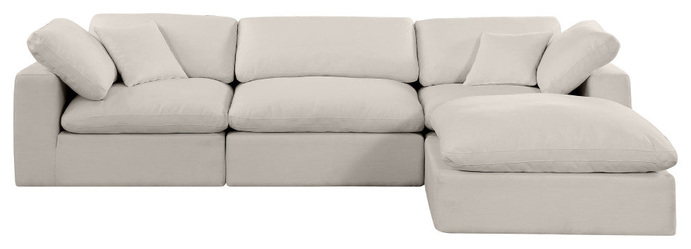 Comfy Upholstered L-Shaped Modular Sectional, Beige, 4-Piece: 1 Armless Chair, 2 Corner Chair, 1 Ottoman, Linen Textured Fabric