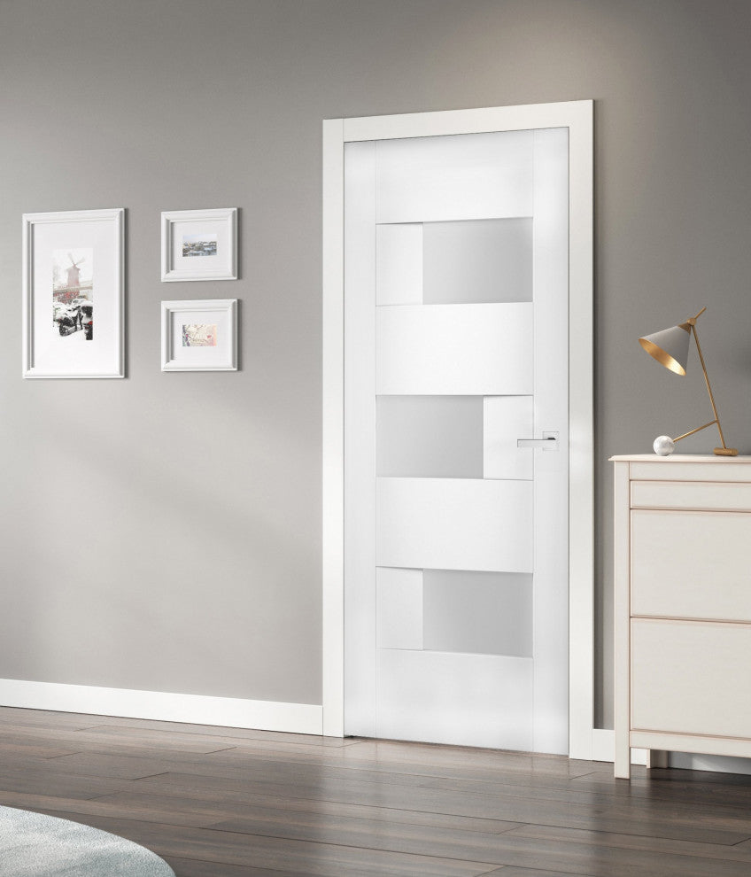 Solid French Door Opaque Glass / Sete 6933 White Silk / Modern Doors -18x84