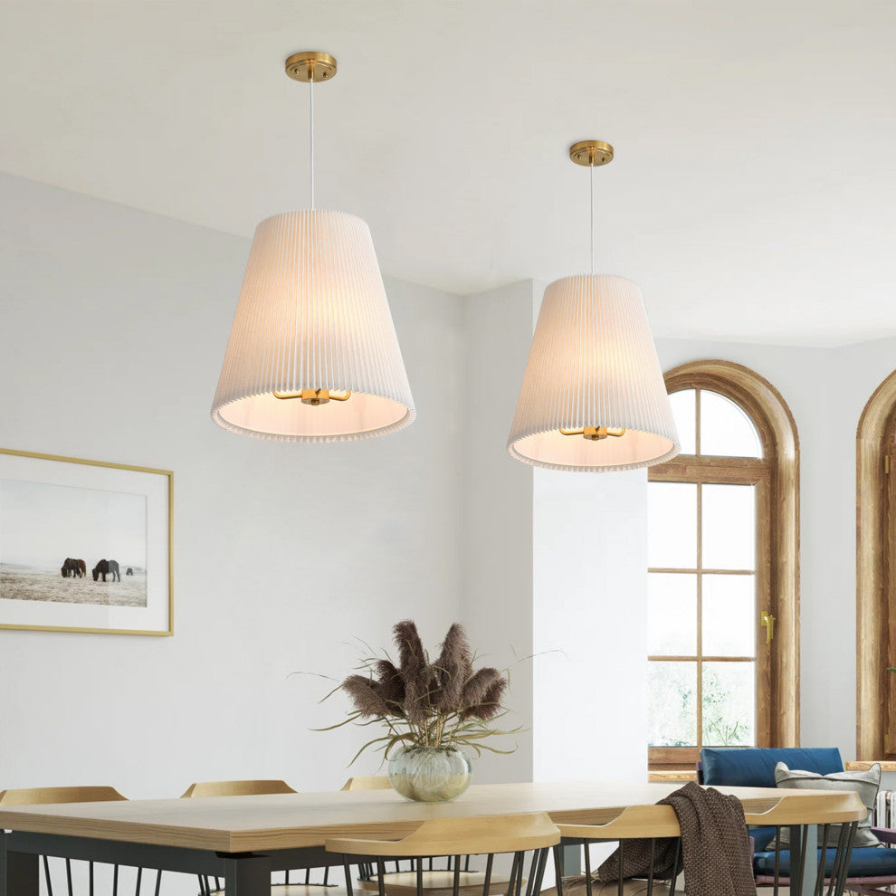 Modern Brass Pendant Lighting With Off-White Pleated Fabric Shade