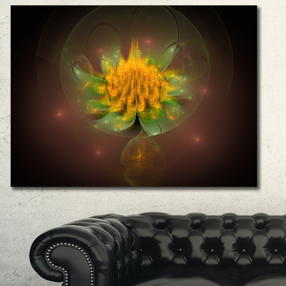 Fractal Yellow Flower on Black, Floral Canvas Art Print, 40"x30"