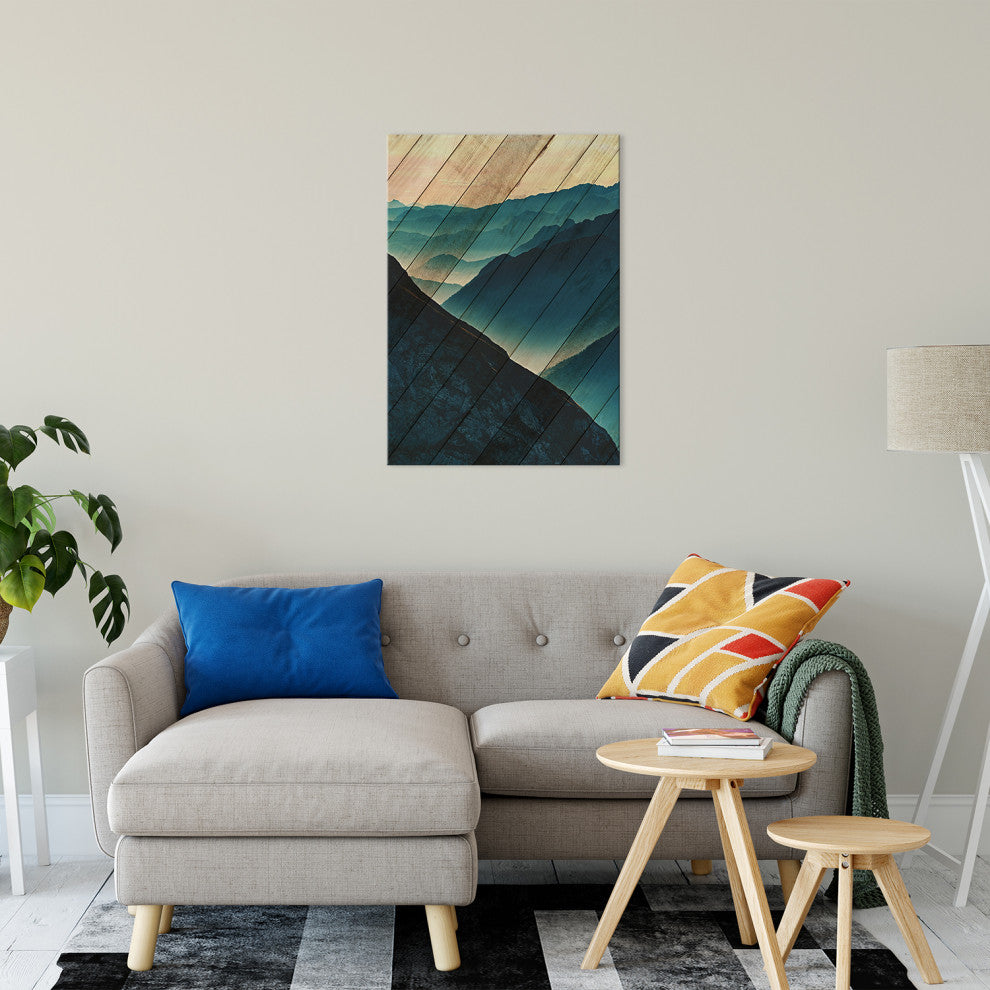 Faux Wood Misty Blue Silhouette Mountains Landscape Canvas Art Print, 24" X 36"