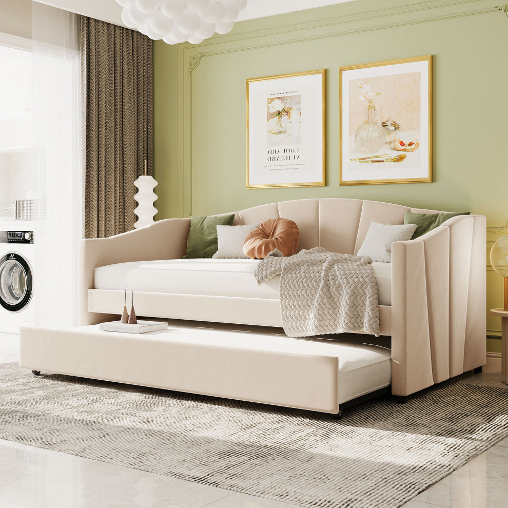 Gewnee Twin Size Upholstered Daybeds Sofa Beds With Trundle,Beige