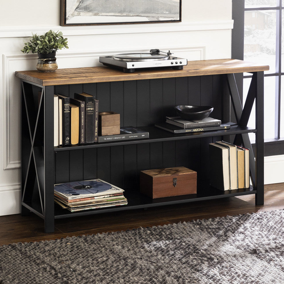 Farmhouse Console Table, Reclaimed Barnwood Top & X-Shaped Side Accents, Black