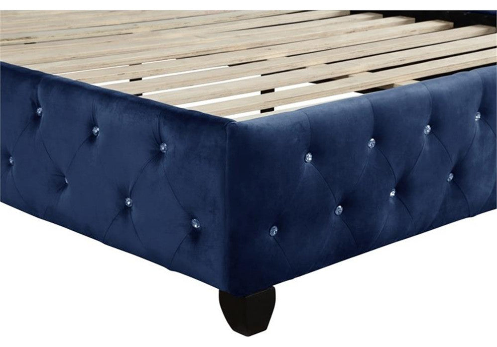 Sophia Crystal Tufted Upholstery Queen Size Bed finished with Wood in Blue