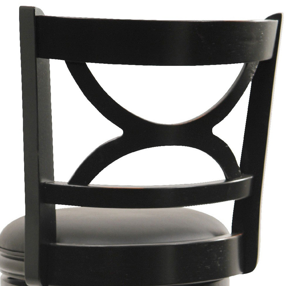 Ava 29 Inch Swivel Bar Stool, Solid Wood, Rich Faux Leather, Midnight Black