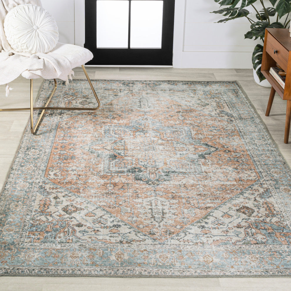 Armae Distressed Chenille Machine-Washable Rug, Terra/Blue, 8 X 10