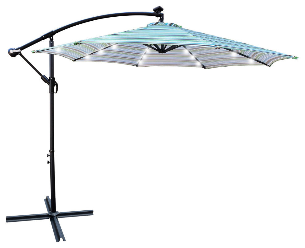 10' Steel Patio Umbrella Outdoor Market With Crank and LED Lights, Blue Striped