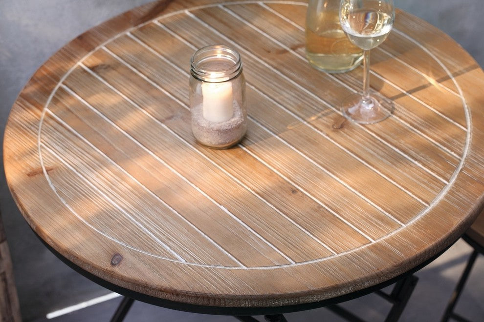 French Cafe Bistro Folding Table, Black Metal Frame, Wood Round Top