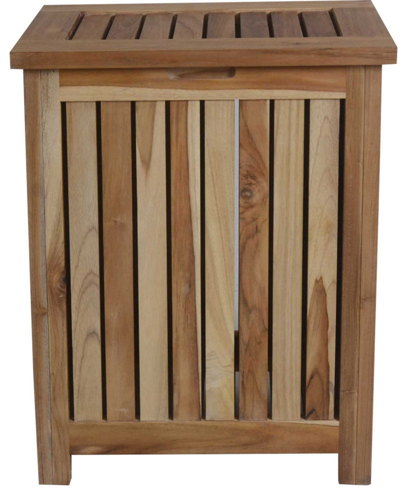 HomeRoots Compact Teak Laundy Storage With Removable Bag, Natural Finish