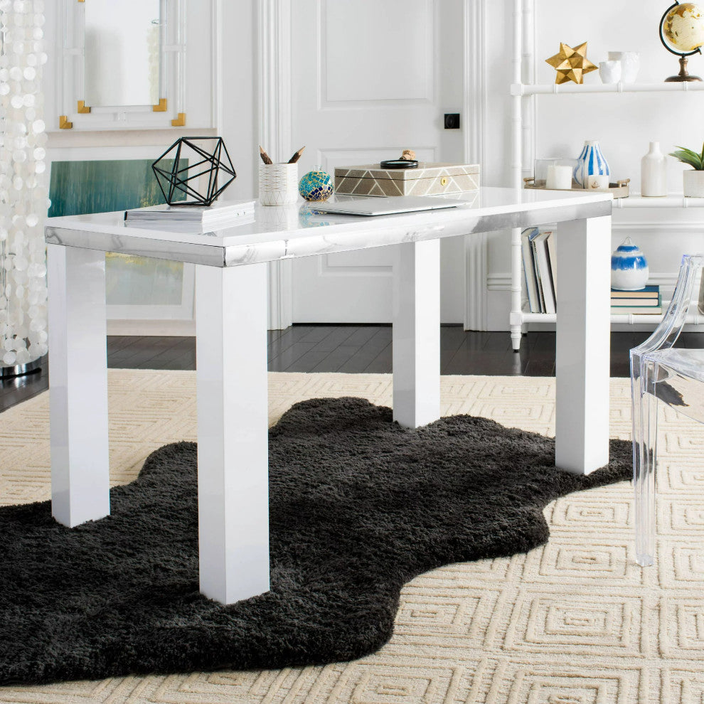 Contemporary Large Desk, Glossy White Wooden Construction With Chrome Accent