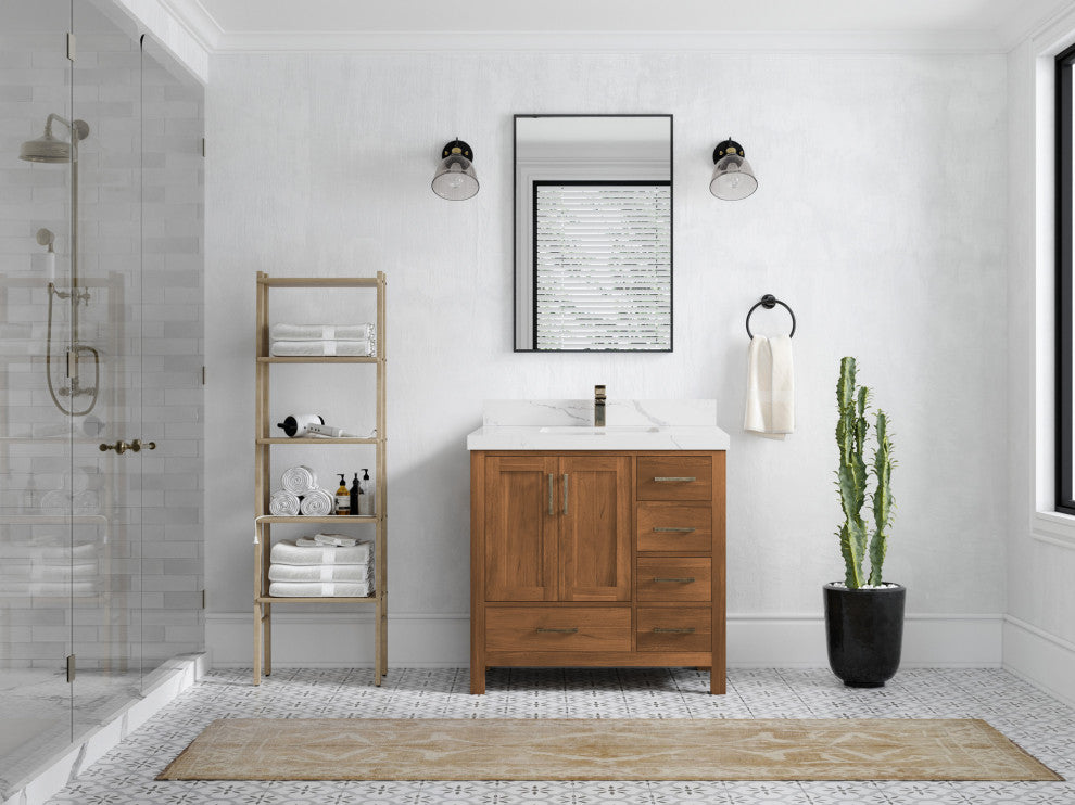 Malibu Teak 36 Center Sink Bath Vanity in Golden Teak  2" Calacatta Laza