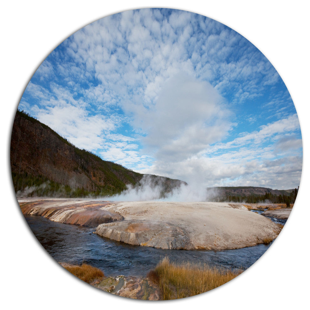 Yellowstone Under Bright Clouds, Landscape Disc Metal Wall Art, 23"