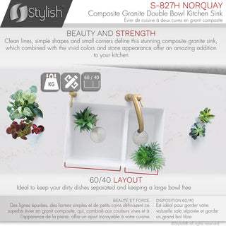 27"x18" White Double Bowl 60/40 Dual Mount Granite Kitchen Sink