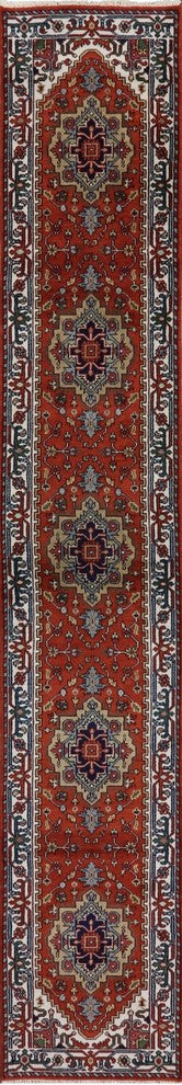 Oriental Heriz Serapi Red and Ivory Hand-Knotted Wool Rug, 3'x16'
