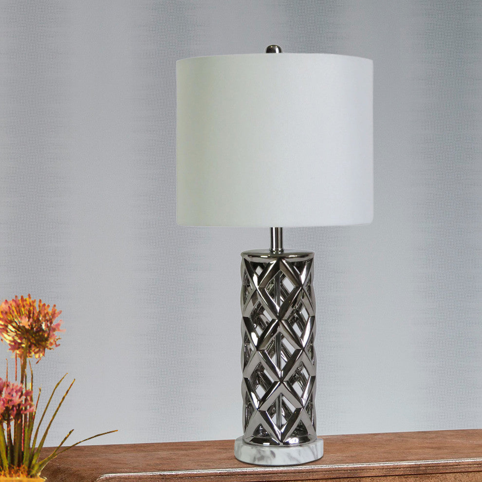 26" Woven Cylinder Cage Ceramic & Metal Faux Marble Table Lamp