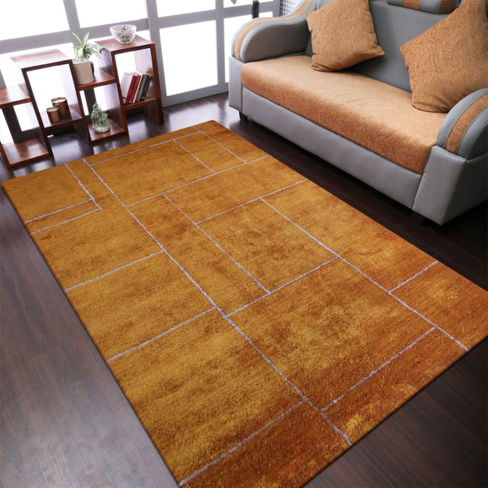 HAND KNOTTED LOOM SILK ECO-FRIENDLY AREA RUGS-Rectangle,Gold Beige,Geometric