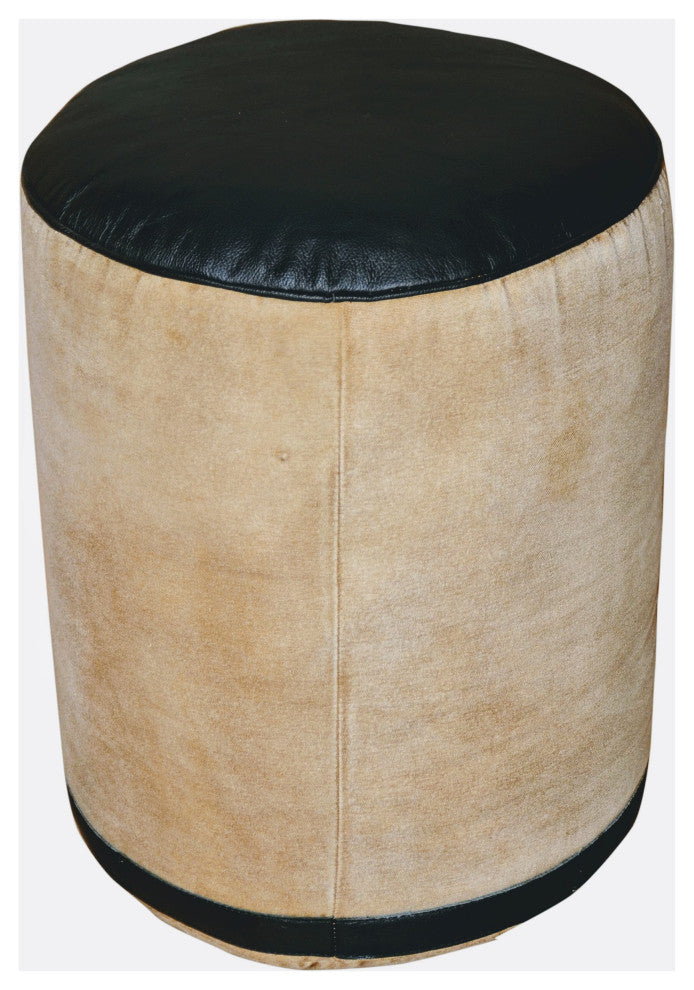 Round Canvas and Black Leather Pouf CHATEAUX adorned with French Logo.