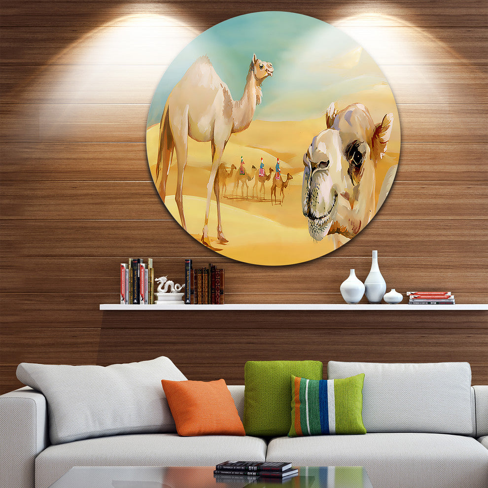 Wandering Camels In Desert, Watercolor Animal Disc Metal Wall Art, 11"