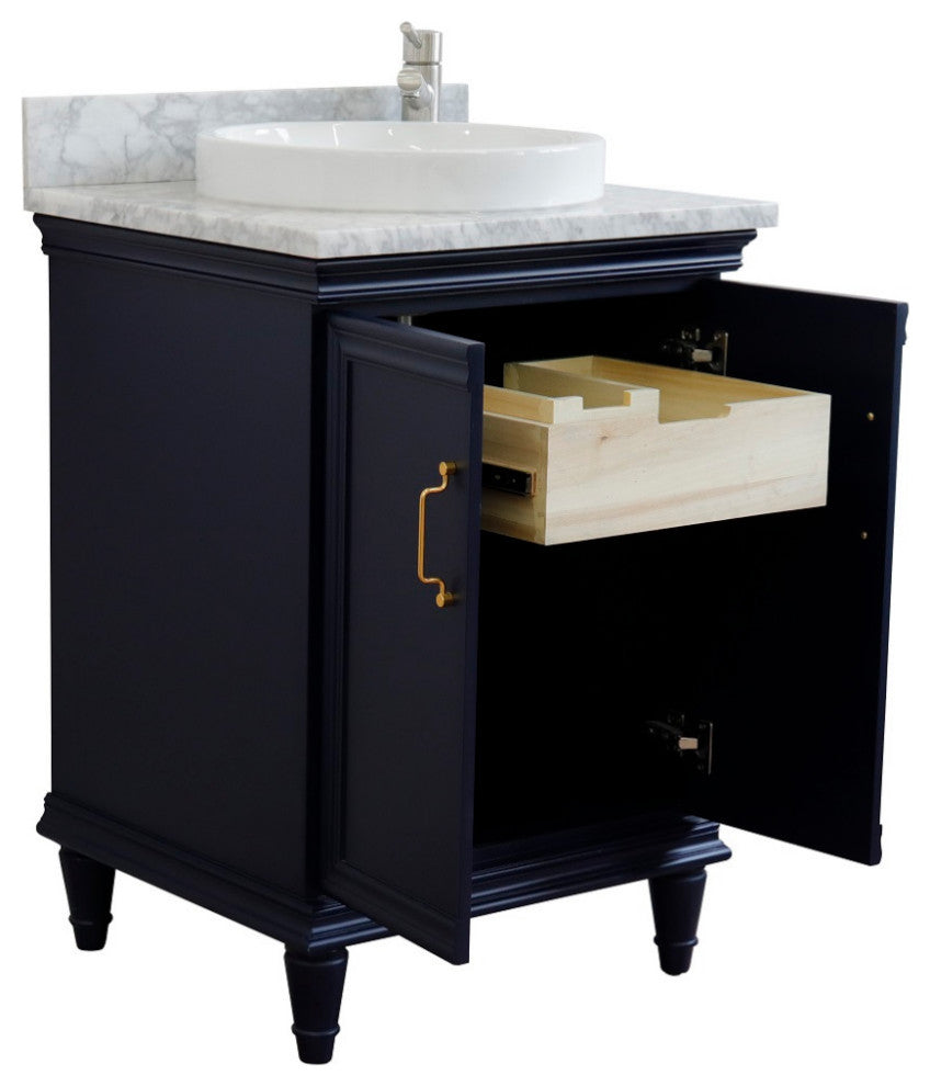 25" Single Vanity, Blue Finish With White Carrara And Round Sink