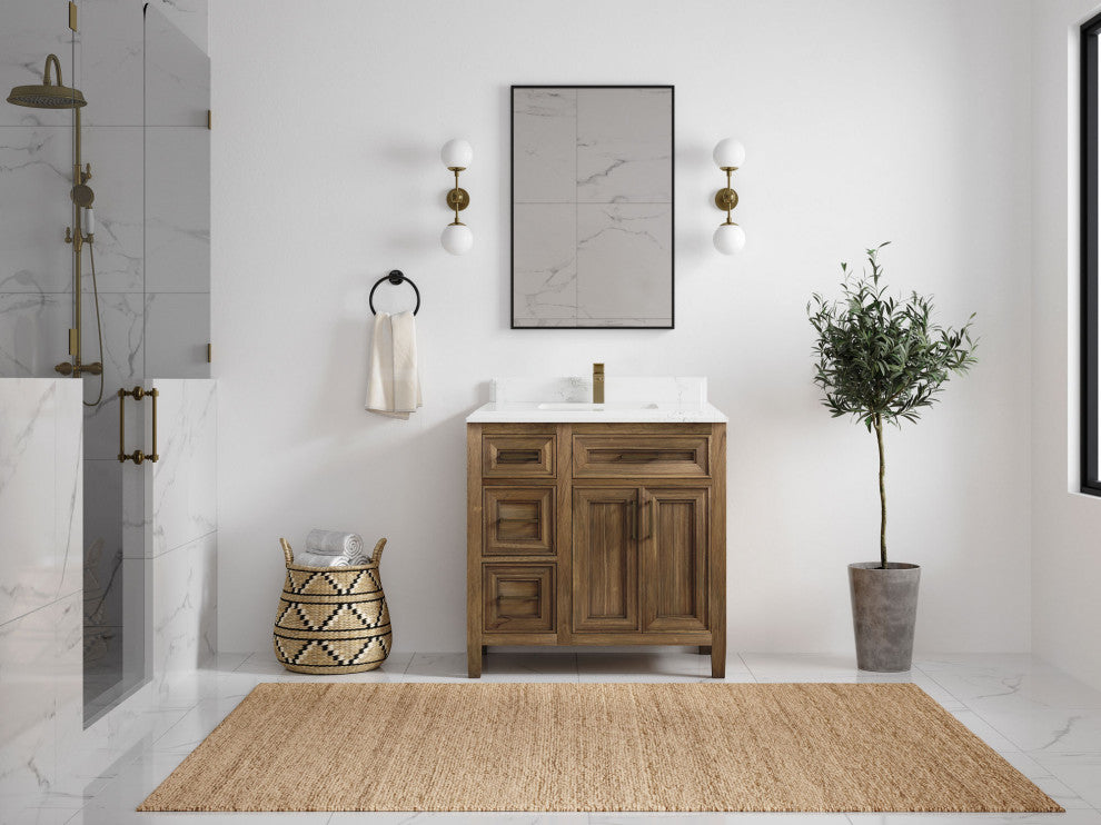 Santa Monica 36 Center Sink Bath Vanity in Graywashed Teak 1.5" Empira Quartz