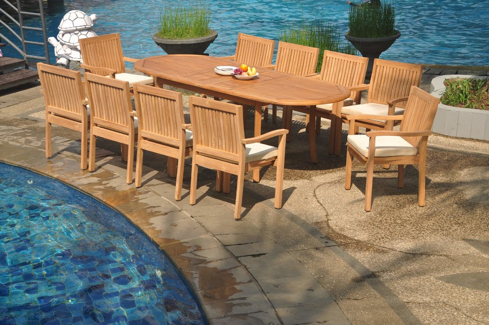 11-Piece Outdoor Teak Dining Set: 94" Oval Table, 10 Leveb Stacking Arm Chairs
