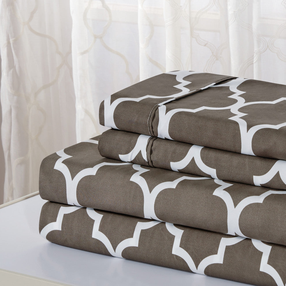 Bibb Home 4 Piece Printed Microfiber Sheet Set, Gray Trellis, Twin