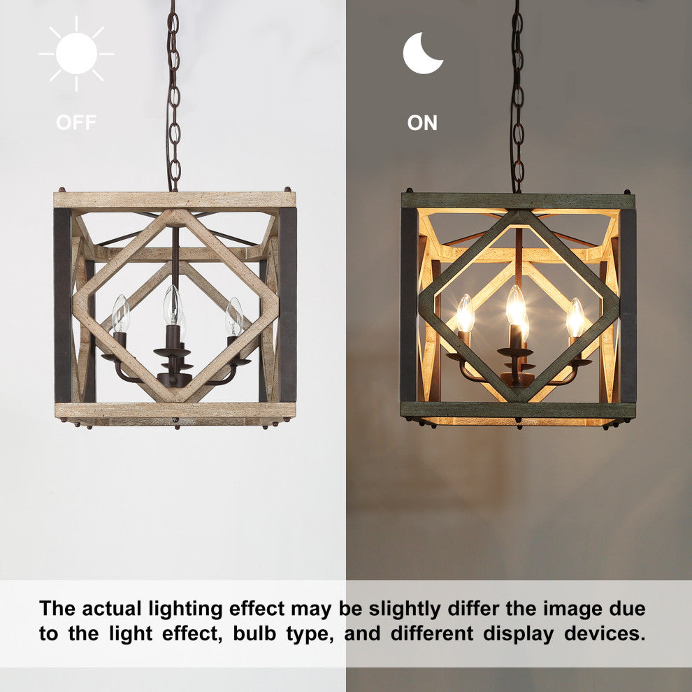 LNC Wood Modern Farmhouse Square Cage Pendant Lighting, 14"width (Metal Accented), 4 Lights